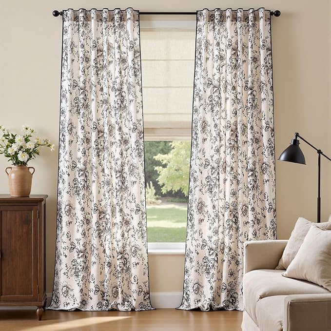 JINCHAN Linen Blend Floral Curtains French Country Curtain for Living Room 96 Inch Length Black Printed Curtain Rod Pocket Back Tab Farmhouse Peony Flower Patterned Drapes Window Curtains Set 2 Panels by JINCHAN