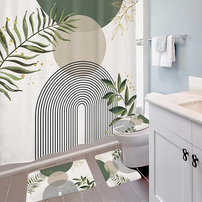 4 PCS Green Boho 72Wx72H Shower Curtain Set Abstract Gold Grey Modern Minimalist Bath Rug Toilet Lid Cover Nonslip U Shape Mat Quick Dry Rubber Backed Dirt Resistant Accessories Bathroom Decor - Image 3