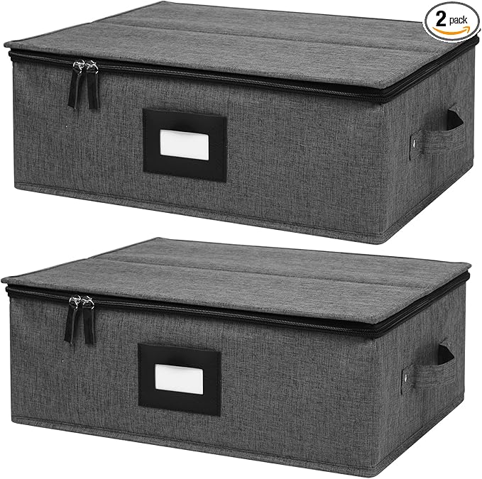 Mayniu Cup and Mug Storage Box 2Pack, China Storage Containers for 12 Tea Cups or Coffee Mugs with Zipper Lid and Rivet Reinforced Handles, Hard Shell and Stackable (Black) by Mayniu