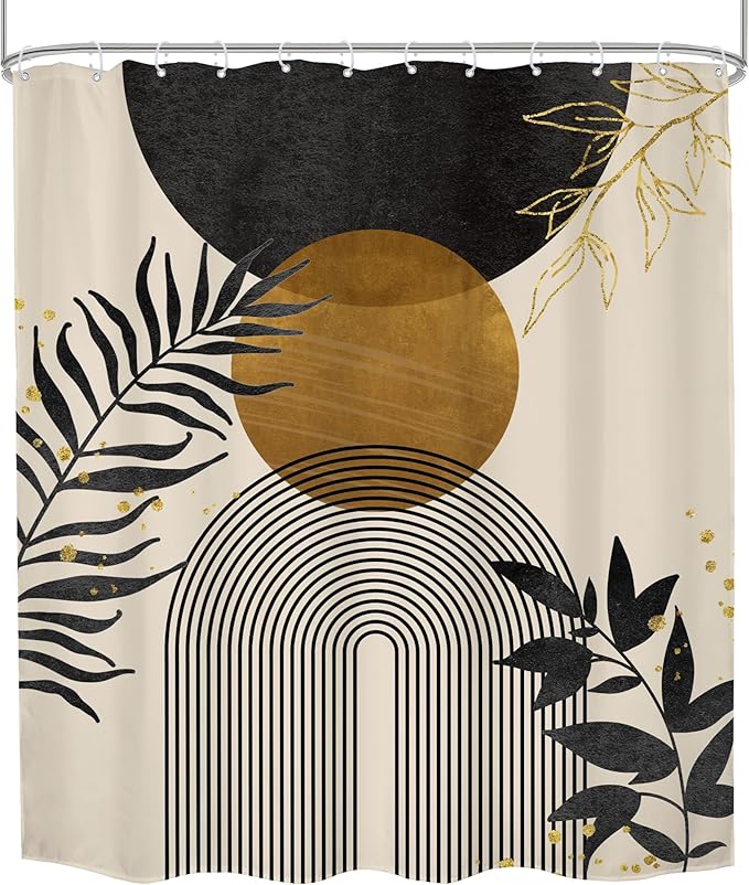 Black Boho Shower Curtain 60Wx72H Modern Bohemian Abstract Brown Tan Mid Century Gold Leaves Plant Botanical Arch Bathroom Decor Minimalist Geometric Bath Curtain Fabric Polyester 12 Pack Hooks - Image 8