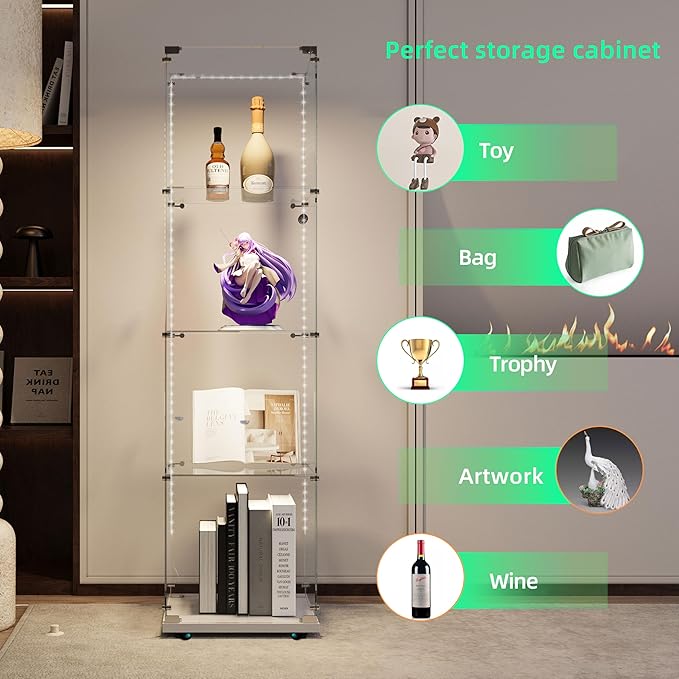 Yoluckea 4 Tiers Glass Display Cabinet with Bluetooth LED Light Strip, 1 Door Floor Standing Curio Cabinet with Universal Wheel for Home Office Display, White Glass Bookshelf for Collections,Clear Top - Image 3