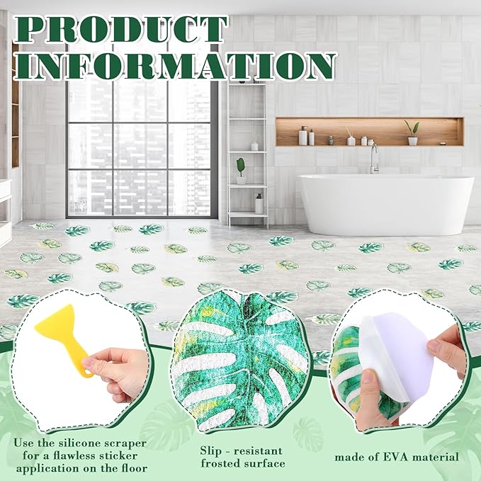 32 Pcs Cute Non Slip Bathtub Stickers for Shower Colorful Bathroom Anti Slip Shower Stickers Floor Applique Adhesive Decals with Scraper for Bathtub Bathroom Floor Pools(Monstera Deliciosa) - Image 7