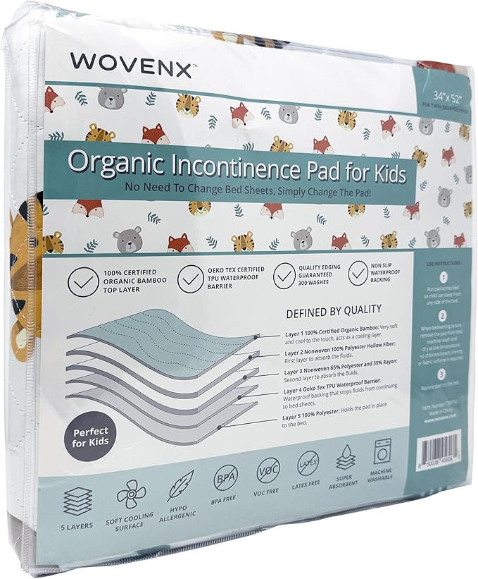 Organic Incontinence Pads for Kids & Toddlers - 5 Layer Waterproof Protectors for Overnight Bed Wetting - Reusable & Washable Pee Pads - Fits Twin to Full Size Beds - 34" x 52" Tiger Bear Fox - Image 2