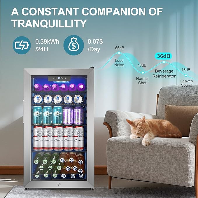 128 Cans Beverage Refrigerator Cooler, 3.2 Cu.Ft Mini Drink Fridge Glass Door for Drink Beer Soda Wine, Beer Fridge with 4 Removable Shelves for Kitchen Bedroom, Office Bar Gaming Room,Stainless Steel - Image 7