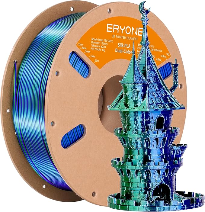 ERYONE Silk Dual Color PLA Filament 3D Printer 1.75mm +/- 0.03mm, Bicolor Filament Two Tone PLA 1KG(2.2lbs) Cardboard Spool, Blue Green by ERYONE