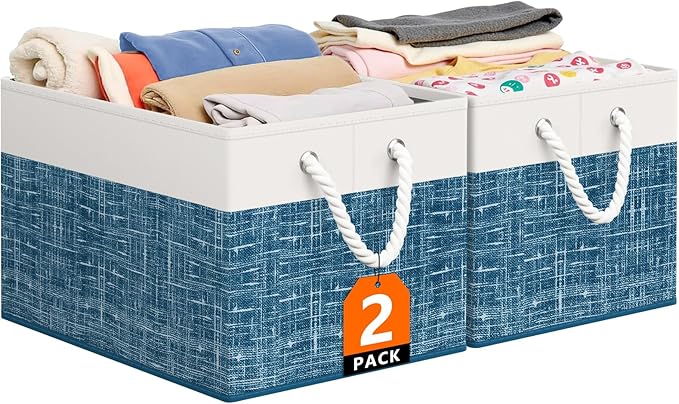 Storage Bin,Collapsible Storage Basket For Organizing,Large Storage Boxes With Rope Handles,Storage Containers,White & Blue,2 Pack by StorageTastic