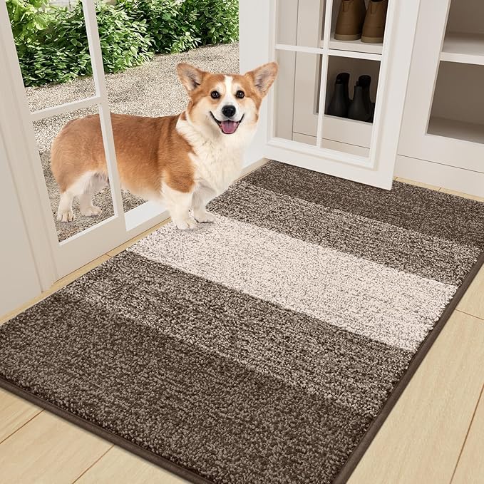 Smiry Dog Door Mat for Muddy Paws, Absorbs Moisture and Dirt, Low-Profile Entryway Mat with Non-Slip Backing, Entry Indoor Outdoor Doormat for Inside Floor (36x24 Inches, Light Brown, Striped) by Smiry