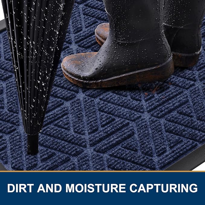 Smiry Front Door Mat Outside Entrance, Heavy Duty Sturdy Natural Rubber Doormat, Trap Dirt and Moisture, Easy Clean Low Profile Mats for Indoor Outdoor Entry, Grid Geometric (35x23, Navy Blue) - Image 3