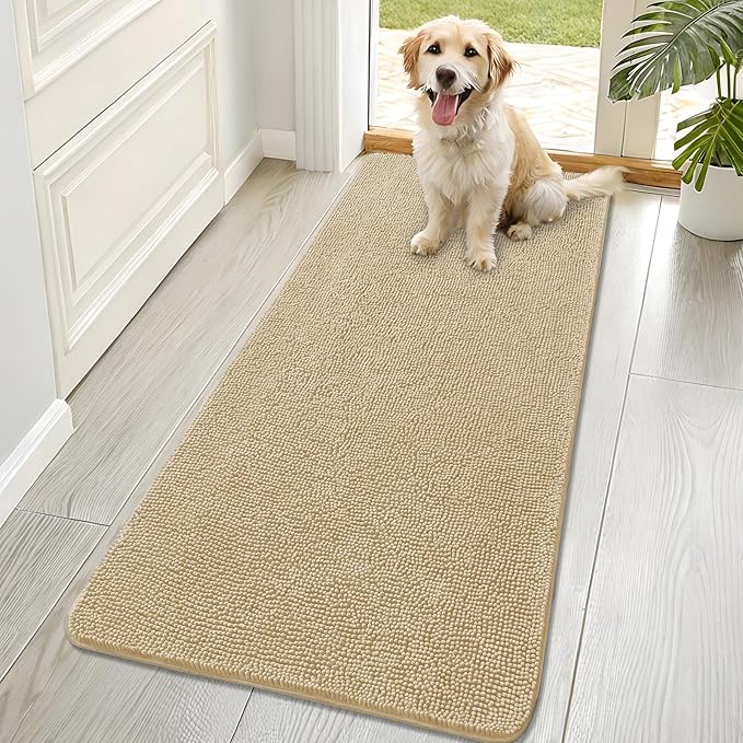 OLANLY Dog Door Mat for Muddy Paws 70x32, Absorbs Moisture and Dirt, Absorbent Non-Slip Washable Doormat, Quick Dry Chenille Mud Mat for Dogs, Entry Indoor Entryway Carpet for Inside Floor, Beige by OLANLY