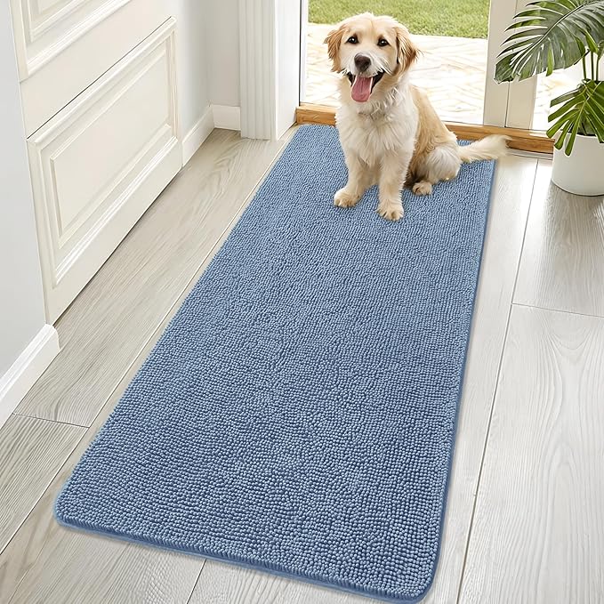 OLANLY Dog Door Mat for Muddy Paws 70x32, Absorbs Moisture and Dirt, Absorbent Non-Slip Washable Doormat, Quick Dry Chenille Mud Mat for Dogs, Entry Indoor Entryway Carpet for Inside Floor, Airy Blue by OLANLY