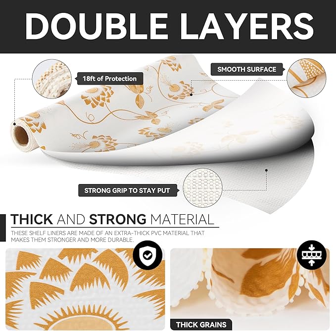 RAY STAR Shelf Liner, Non Adhesive Golden Leaves Floral Kitchen Cabinet Liner for Pantry Drawer Vanity, Strong Grip Non Slip, Shelf Liners for Kitchen Cabinets Cupboard 18 Inch x 8 FT (3 Rolls) - Image 7