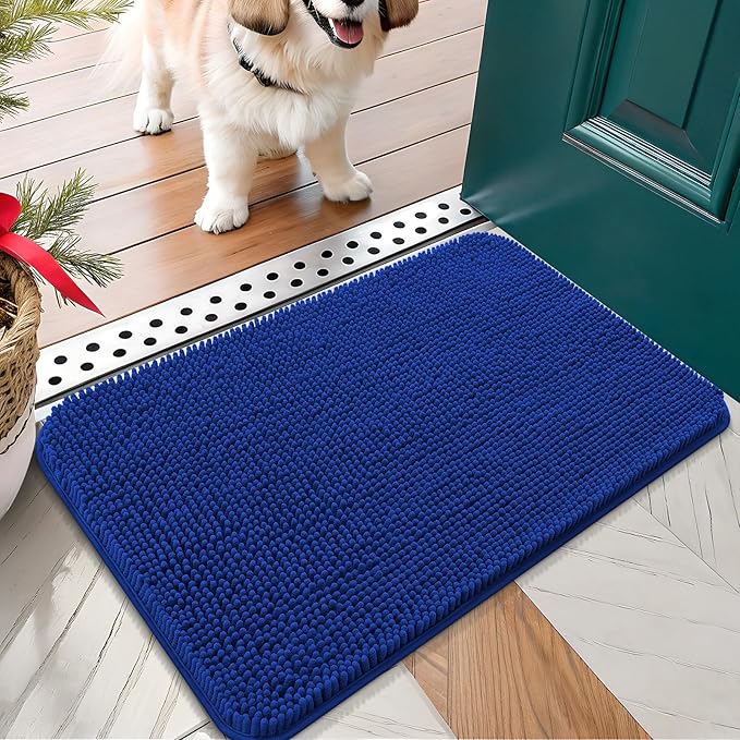 OLANLY Dog Door Mat for Muddy Paws 24x16, Absorbs Moisture and Dirt, Absorbent Non-Slip Washable Doormat, Quick Dry Chenille Mud Mat for Dogs, Entry Indoor Entryway Carpet for Inside Floor, Royal Blue by OLANLY