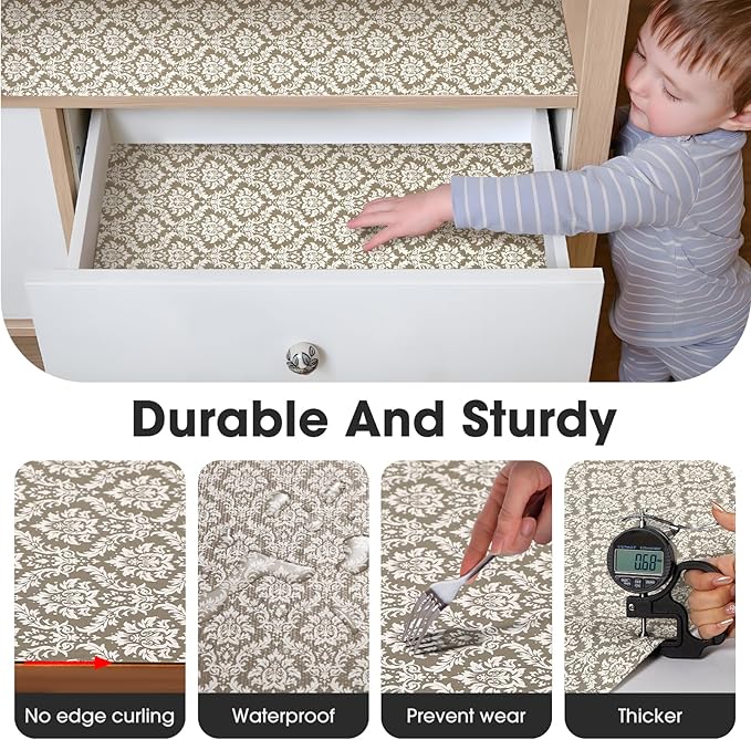 Drawer and Shelf Liner, Non-Slip Kitchen Cabinet Liners Non-Adhesive Thick Strong Grip Waterproof Washable Mats Protect Dresser Shelves Cupboard Bathroom Cabinets, Boho: Beige, 18 in X 30 FT - Image 6