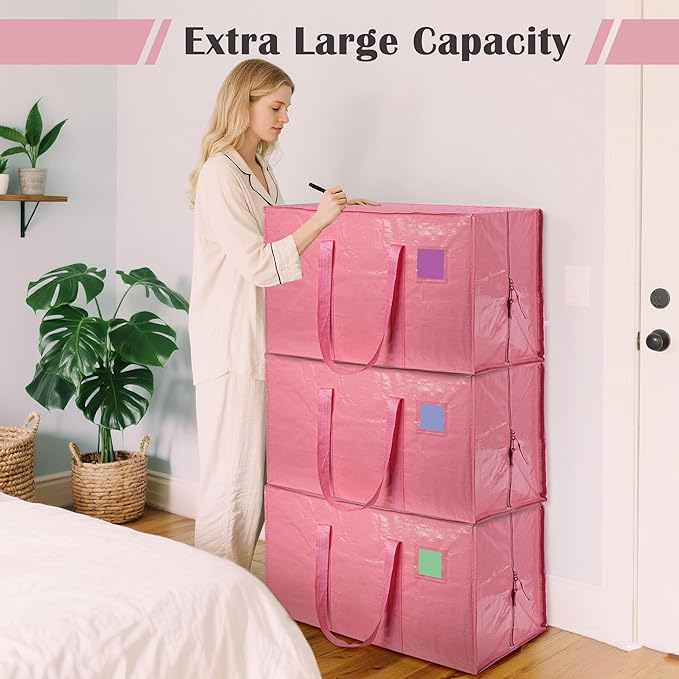 6 Pack Extra Heavy Duty Large Moving Bags with Reinforced Zipper & Wide Handles, Waterproof Storage Bins for Clothes, College Dorm, Travel, and Home Organization, Pink - Image 4
