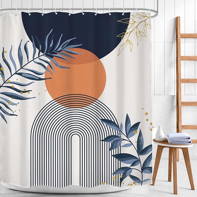 Navy Blue Boho Shower Curtain 60Wx72H Modern Abstract Bohemian Blue Gold Leaves Orange Minimalist Mid Century Plant Arch Bathroom Decor Neutral Geometric Bath Curtain Polyester 12 Pack Hooks - Image 2