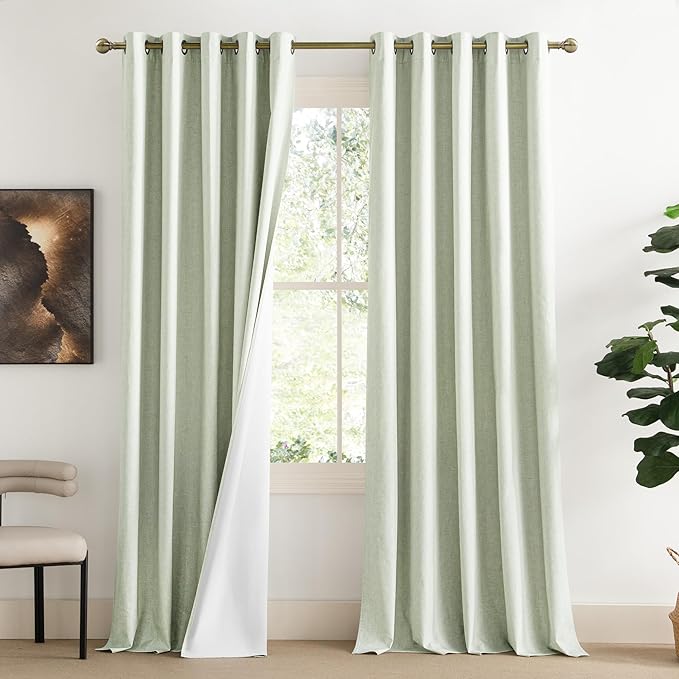 NICETOWN Extra Long Linen 100% Blackout Curtains 102" Length 2 Panels Set with Thermal Insulated Liners, Sage Green, 62" Width, Farmhouse Style Window Draperies for Patio Sliding Glass Door by NICETOWN