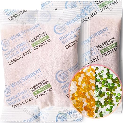 [6 Packs] 50g Desiccant Packs, Indicating Silica Gel Packets, Rechargeable Desiccant Packs, Desiccant Moisture Absorber for Storage by Wisesorb