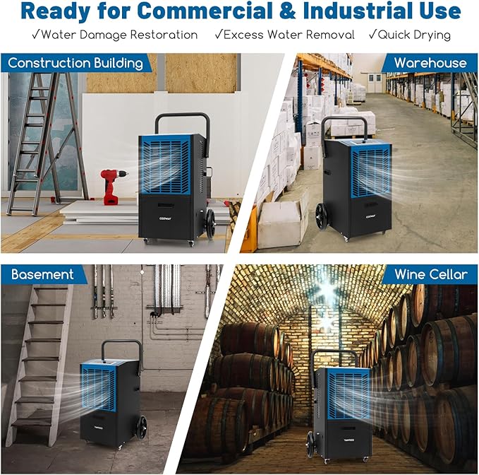 COSTWAY 163 Pints Commercial Dehumidifier, 4500 Sq.Ft Crawl Space Dehumidifier with Pump & Drain Hose, 24H Timer, for Basement, Warehouse, Job Site (Blue) - Image 5