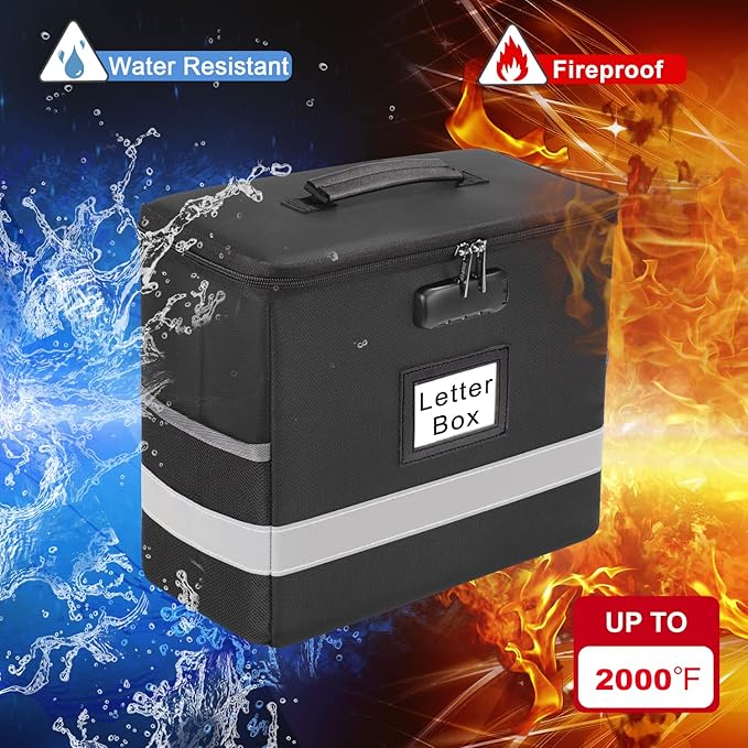 Fireproof File Box with Lock, Document Box Storage Organizer, Suitable for Hanging File Folders in Letter Size, Collapsible File Box, Reflective Strip for Fast Find (12.2"*6"*10.2 (Black, 2Pcs) - Image 2