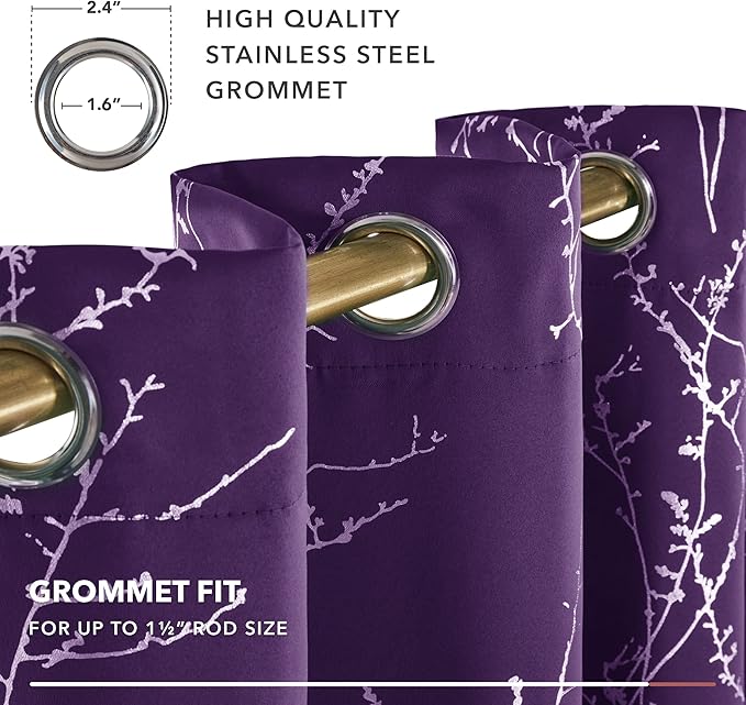 Deconovo Blackout Curtains, Purple Curtain, Thermal Insulated Soundproof Grommet Drapes, Silver Tree Foil Print, 52 x 63 Inch, 2 Panels, Machine Washable Window Panel for Living Room Bedroom Office - Image 8