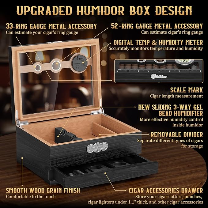 Cigar Humidor, Glass Top Desktop Humidor Box, Cigar Gifts for Men, Cedar Wood Cigars Case with Digital Hygrometer, Humidifier, Measuring Scale and Cigars Accessories Drawer - Image 2