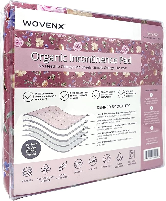 Organic Incontinence Pad for Period - Waterproof Protectors - Reusable Washable Pee Pad - Fits Twin to Full Size Beds - 100% Organic Viscose Derived from Bamboo - 34" x 52" Dark Flower - Image 3