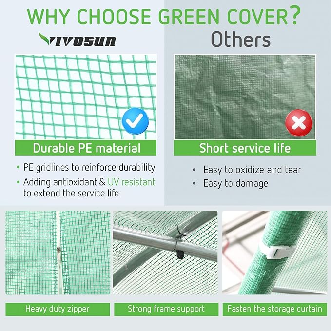 VIVOSUN 13x10x7 Ft. Large Walk in Greenhouse, Greenhouse Tunnel, Garden Plant Hot House with Green PE Cover, Roll-up Zipper Door and Window for Outdoor - Image 5