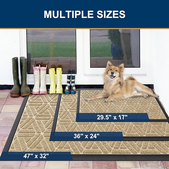 Smiry Front Door Mat Outside Entrance, Heavy Duty Sturdy Natural Rubber Doormat, Trap Dirt and Moisture, Easy Clean Low Profile Mats for Indoor Outdoor Entry, Grid Geometric (71x23, Beige) - Image 2