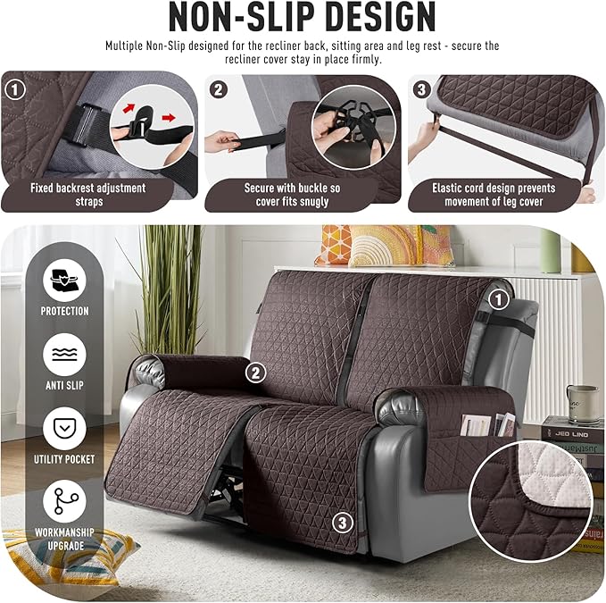 TAOCOCO 100% Waterproof Recliner Cover, Non-Slip Washable Reclining Couch Cover with Elastic Leg Straps, Furniture Protector for Dogs (Chocolate, 2 Seater) - Image 5