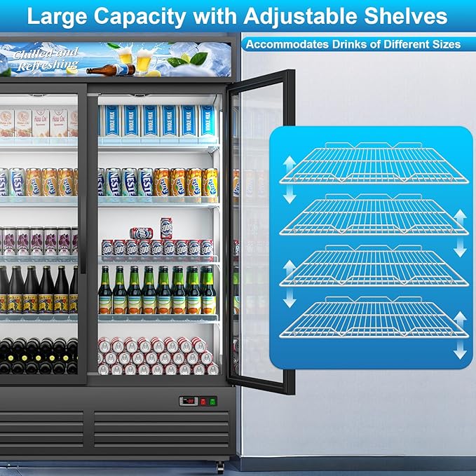 Commercial Beverage Refrigerator with 2 Glass Door, 41.3 Cu.Ft Display Fridge Beverage Cooler with Customizable Lightbox Adjustable Shelves, Drink Fridge Merchandiser for Restaurant Shop, Black - Image 4