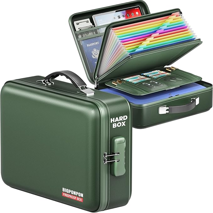 Fireproof Document Box, Hard Case Highly Flame-Resistant Fire Proof Waterproof File Organizer with Lock, Portable Fire Safe for Important Documents & Valuables Storage (Green, ‎15"*11"*5") by BigPonPon