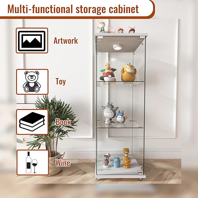 Yoluckea 3-Shelf Glass Display Cabinet with LED Lights, 1-Door Floor Standing Curio Cabinet with Universal Wheel for Home or Office, White Glass Bookshelf for Collections, Decor, and Corner Display - Image 4