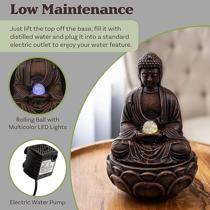 Pure Garden Indoor Tabletop Water Fountain - Sitting Buddha Statue with Rolling Glass Ball, Multi-Colored LED Lights, Electric Pump & Soothing Sounds, Durable, Natural Humidifier - Home, Office Decor - Image 2