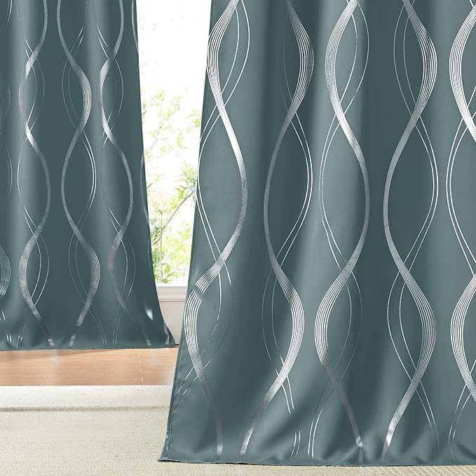 NICETOWN Blackout Curtains Panels for Living Room, Greyish Blue, 52" Wide x 84" Long, 2 Panels, Sound Reducing Thermal Insulated Wave Line Foil Print Design Curtains for Patio Sliding Glass Door by NICETOWN