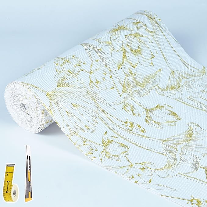 Shelf Liners Non Adhesive Light Base Gold Lotus Pattern - Thickened Non-Slip Easy to Clean Drawer Liner for Kitchen Cabinets, Tool Box, Refrigerator, with Knife & Tape Measure, 12in x 20FT by Kimhan