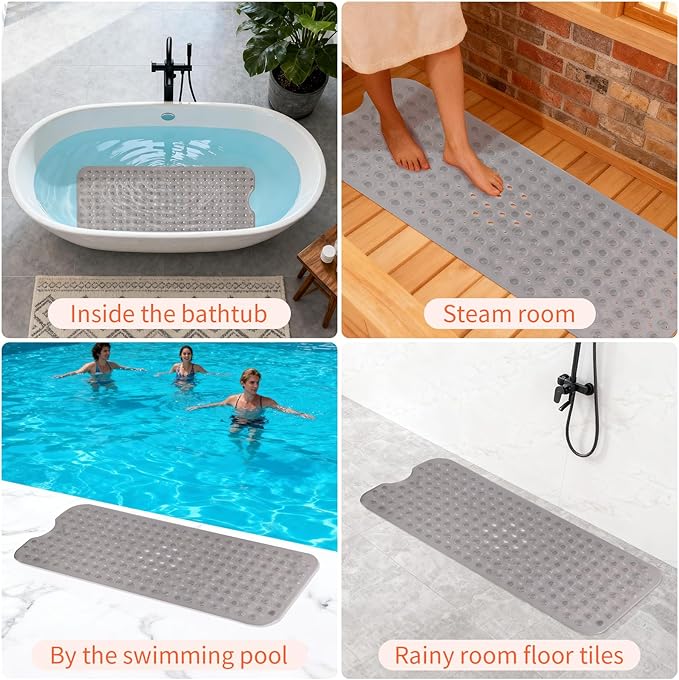 Anti-Slip Bathtub Shower mat, 39.3×15.7 inch（Approximately 100 × 40cm） Soft Oversized Machine Washable Non-Slip Bathtub mat with Drainage Holes, Bathroom Floor Suction Cup.（1-Clear Gray） - Image 6