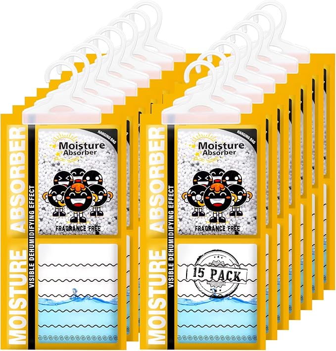 ZSZMFH 15 Pack Moisture Absorber & Max Odor Eliminator Hanging Bag, Charcoal Smell Remove Damp Musty Smell,Hanging Closet Dehumidifier Bags with 25g of Activated Charcoal (220g/pack) Yellow by ZSZMFH