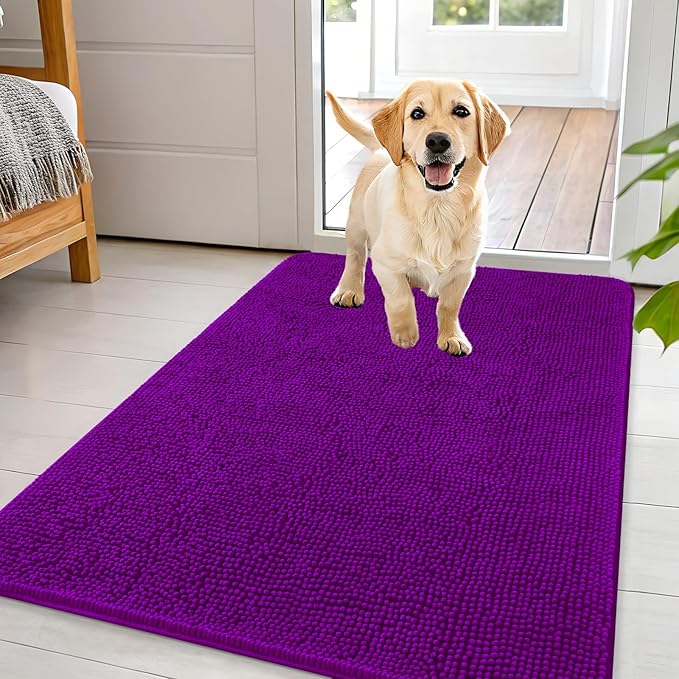 OLANLY Dog Door Mat for Muddy Paws 44x32, Absorbs Moisture and Dirt, Absorbent Non-Slip Washable Doormat, Quick Dry Chenille Mud Mat for Dogs, Entry Indoor Entryway Carpet for Inside Floor, Purple by OLANLY