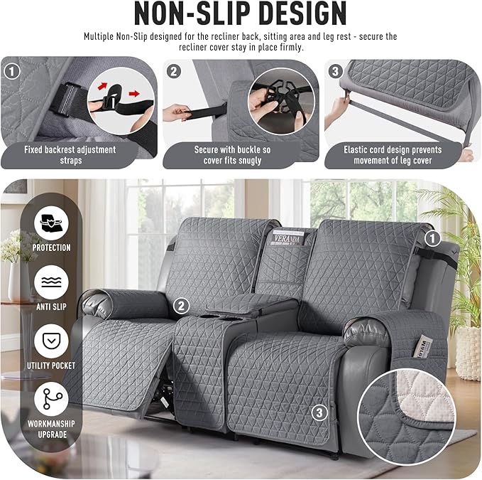 TAOCOCO 100% Waterproof Loveseat Recliner Cover with Console, Non-Slip Washable Reclining Couch Cover for 2 Seats, Furniture Protector for Dogs, Slate Gray - Image 3