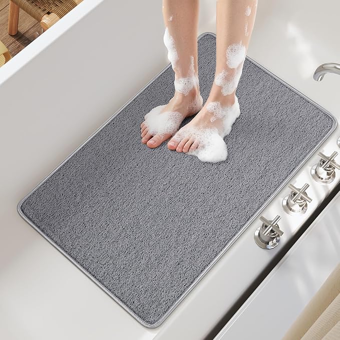 Non Slip Shower Mat Bathtub Mat 16x24 Inch, Quick Dry Bath Mat with Drain, Soft PVC Imitation Loofah Foot Scrubber Bath Mats for Bathroom Tub Shower Floor, Hangable & Hook Included, Gray - Image 2