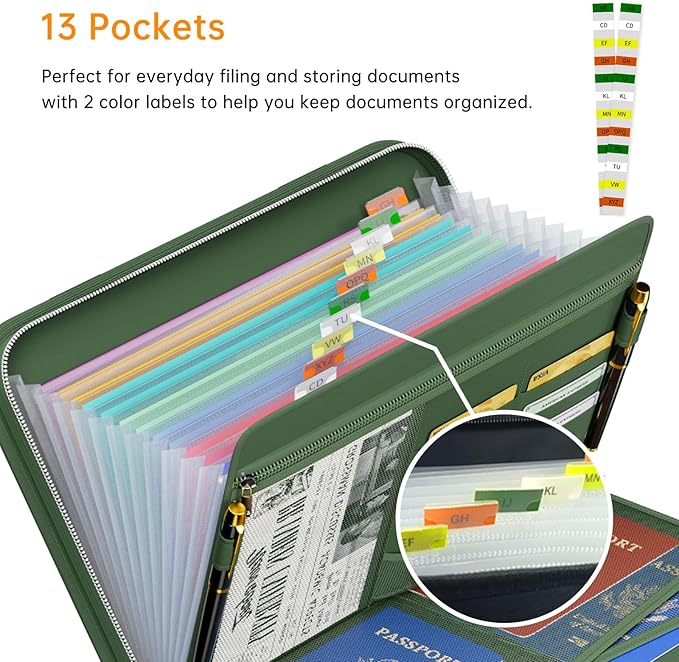 Tamfile Fireproof Accordion File Organizer with Handle, 13 Pocket Expanding File Folder with Zipper & Labels, File Folder with Multi-Pockets Paper Organizer Folder for Letter A4 Files, Green - Image 7