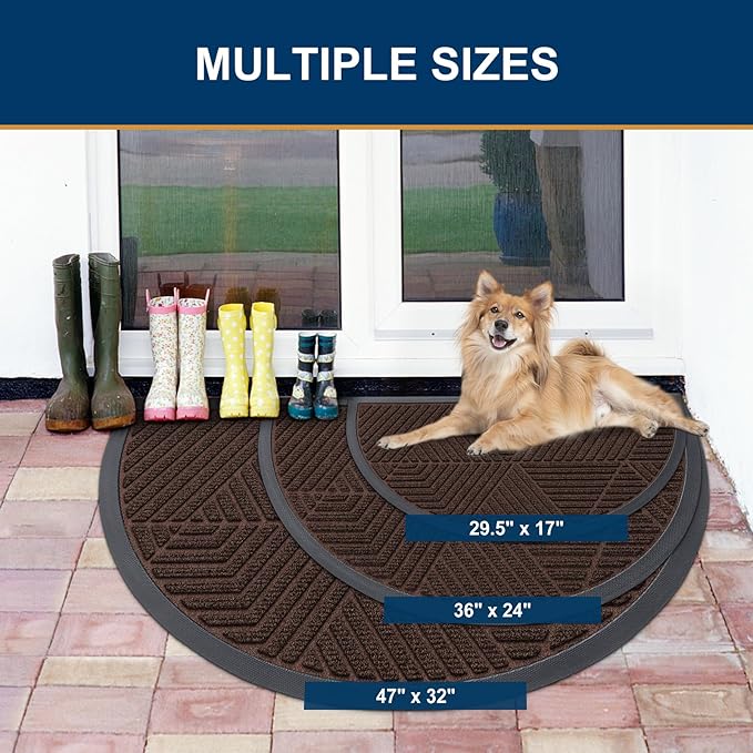 Smiry Half Circle Front Door Mat Outside Entrance, Heavy Duty Sturdy Natural Rubber Doormat, Trap Dirt and Moisture, Low Profile Mats for Indoor Outdoor Entry, Irregular Triangle (29.5x17, Dark Brown) - Image 2