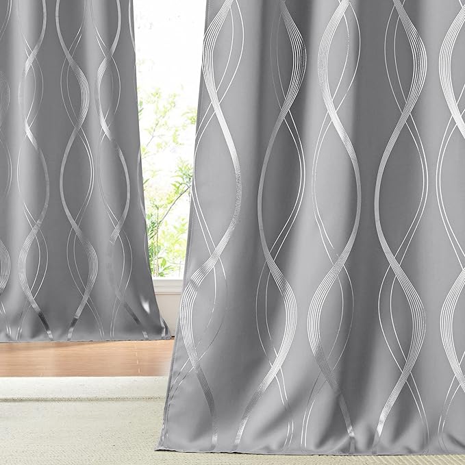 NICETOWN Blackout Curtains 90 inches Long 2 Panels, 52 inches, Silver Grey, Foil Printed Wave Lines Energy Saving Thermal Insulated Solid Grommet Blackout Draperies for Patio Hall Studio by NICETOWN