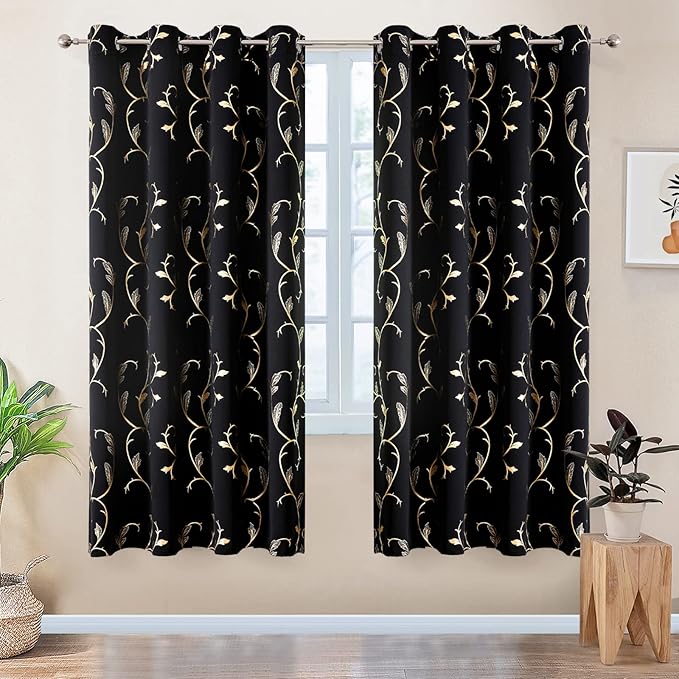 BUHUA Black Blackout Curtains with Gold Wave Line Foil Design,Room Darkening Curtains 63 Inches Long,Noise Reducing Blackout Drapes,Sliding Door Curtains Thermal for Living Room 2 Panels Set,52W×63L - Image 2