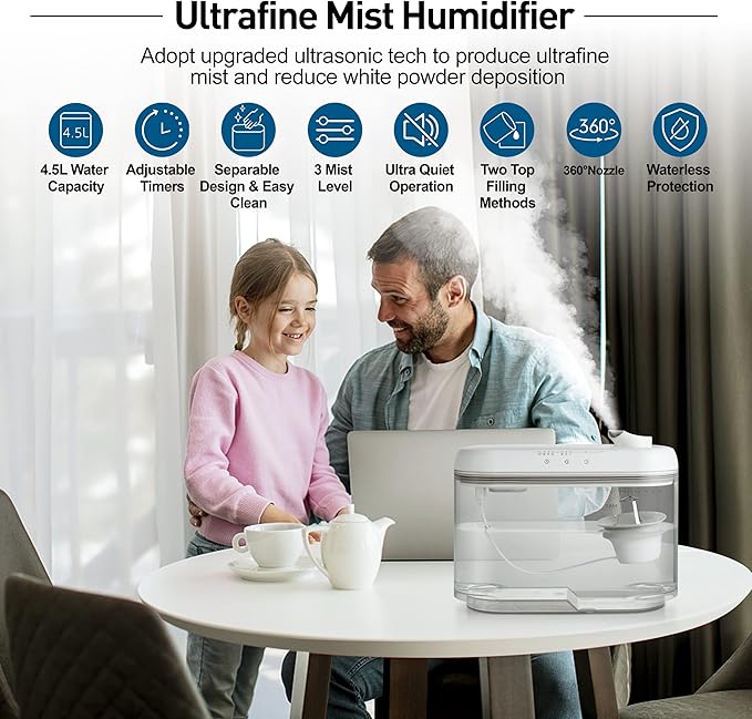 Top Fill Humidifiers for Bedroom Large Room, Super Easy Clean Humidifier with Only 3 Washable Parts to Clean, 1.3Gal 4.5L Ultrasonic Cool Mist Humidifier, Filter-free, 25dB Ultra-quiet for Baby - Image 2
