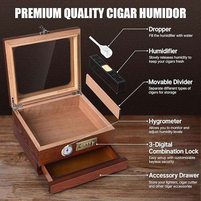 Cigar Humidor, Cedar Wood Humidor Cigar Box, Glass Top Desktop Humidor with Front Hygrometer, Humidifier, Divider, Accessories Drawer and Combination Lock, Cigar Gifts for Men (Brown) - Image 2