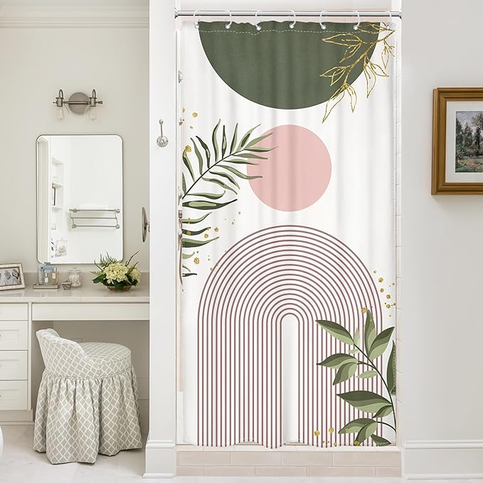 Small Stall Boho Shower Curtain 36Wx72H RV Green Pink Modern Mid Century Abstract Leaves Plant Minimalist Geometric Bathroom Decor Half Narrow Standing Bath Curtain Fabric Polyester 7 Pack Hook by MitpokBrand