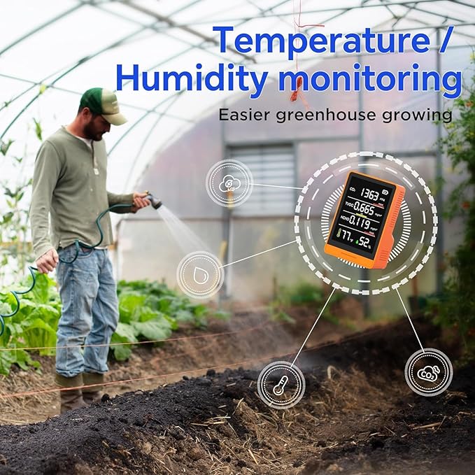 5-in-1 Professional Indoor Air Quality Monitor Indoor Portable CO2 Monitor | Temperature | Formaldehyde Detector | Humidity TVOC | Air Quality Tester - Confined Space Clean Air Monitor (Orange) - Image 7