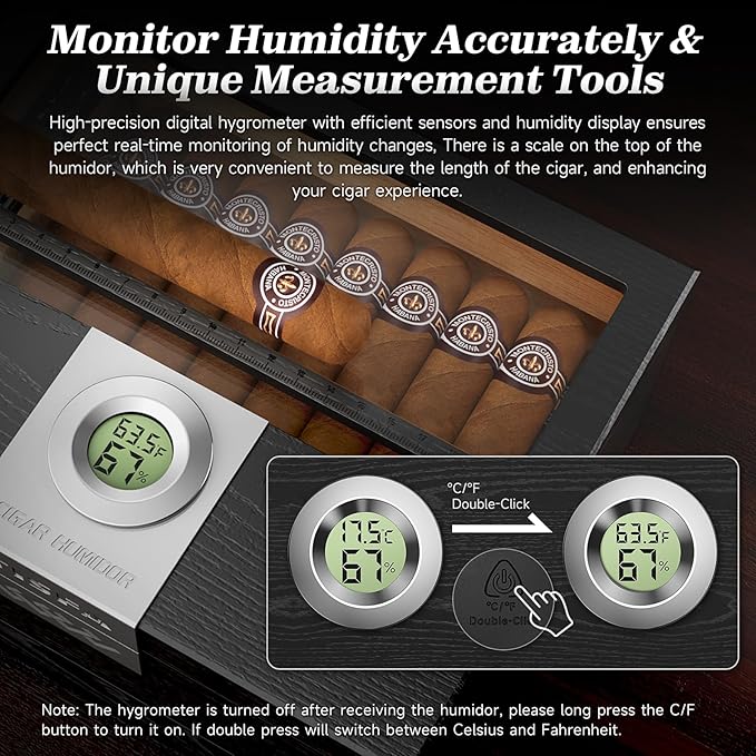 TISFA Cigar Humidor, Cedar Wood Desktop Humidor Box with Digital Hygrometer, Adjustable Humidifier, Accessory Drawer, Divider, Cigar Length Measurement, Glass Top Storage Holder Cigar Case (Black) - Image 8