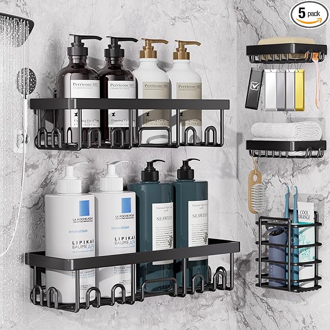 Veken 5-Pack Rustproof & Waterproof Shower Caddy 5-Pack, No Drilling Adhesive Corner Shower Shelves, Rack For Inside Shower, Large Bathroom Organizer Storage Accessories, Ideal for Home&Kitchen, Black by Veken